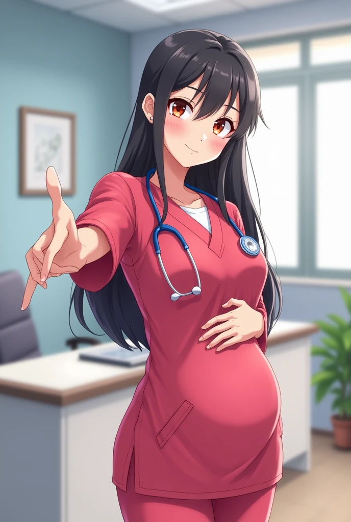 In the hospital、A doctor wearing a doctor's uniform、A pregnant woman dressed elegantly in a kimono is helping a patient give birth.。
The doctor is also a pregnant woman in her final month.。I'm still having contractions.。
They are both anime characters。
The two are in labor and look distressed.、
The doctor held one hand to his stomach.、Caring for a patient。
The patient is holding his stomach with both hands。