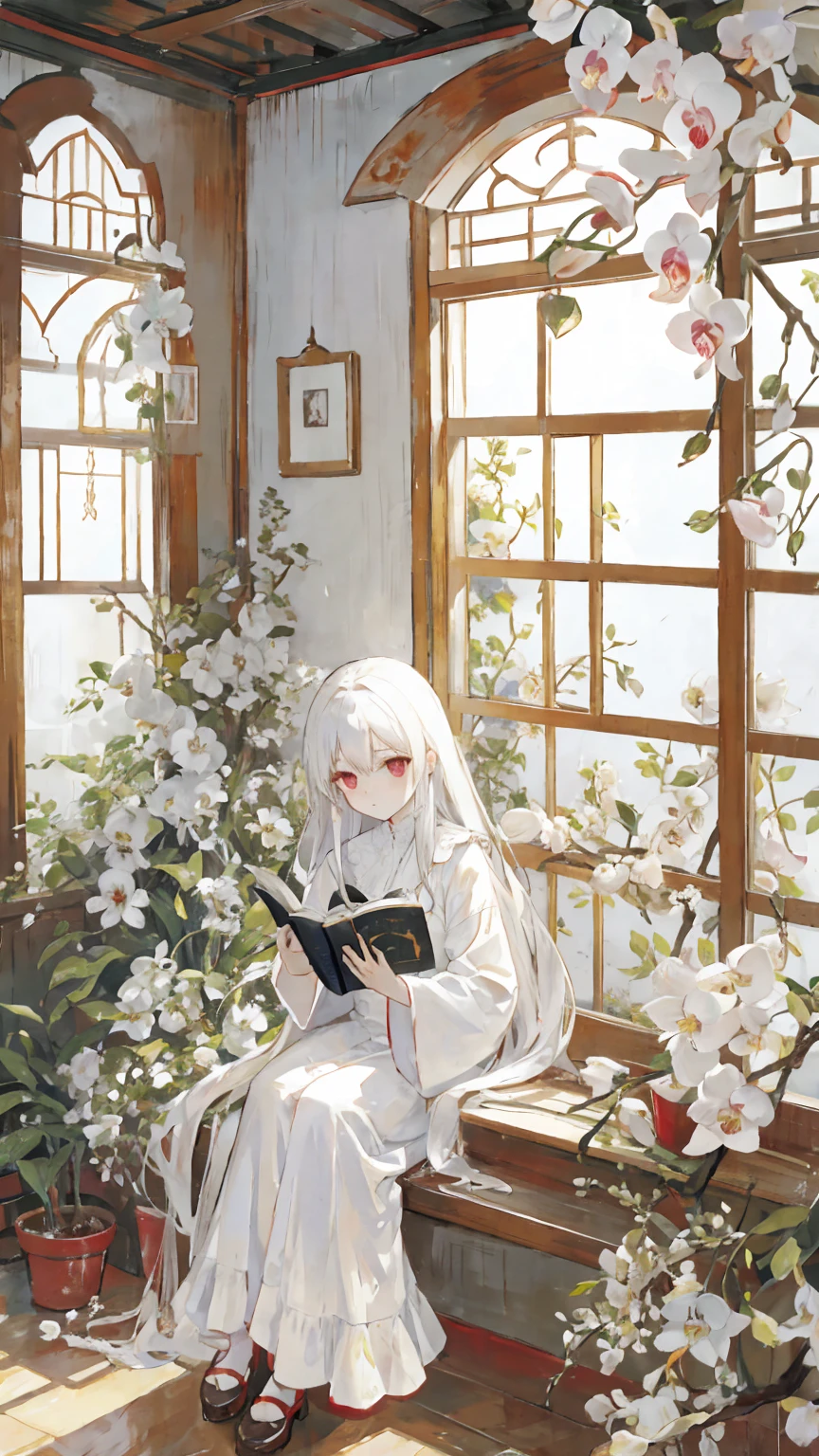 long hair, white, orchids, sitting, looking out a window, looking at the window, not looking at viewer, reading a book