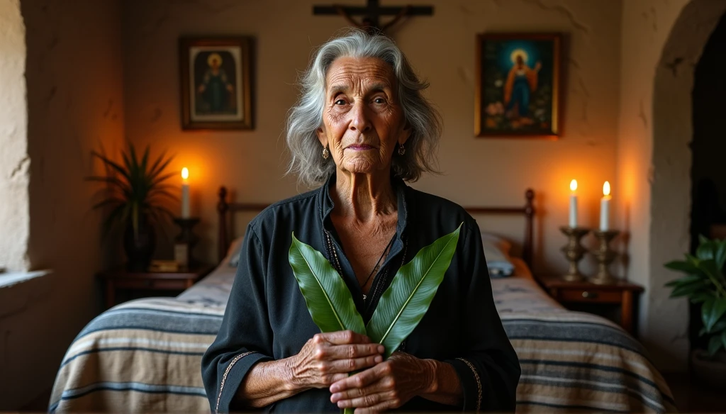 ultra realistic Brazilian northeastern elderly woman healer with two long plants in the shape of thin spears, crossing like an x in front of your chest. The plant is green with light green and dark green stripes throughout with a yellowish edge.. In the background, a house with a shelf with saints and many lit candles.. convey depth. detail of the plants are striped horizontally in green and yellow, imitating the plant Sansevieria trifasciata, The woman wears beautiful, elegant mystical clothes and has a serious and firm face. Behind her we have candles and images of saints and Christ..