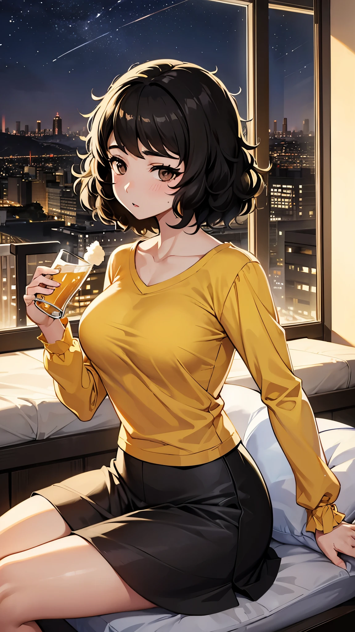 Sadayo Kawakami、Sadayo Kawakami sitting on a bed、（（holding a beer glass in hand））、Beautiful night view outside the window、ennui、Plain yellow long sleeve T-shirt