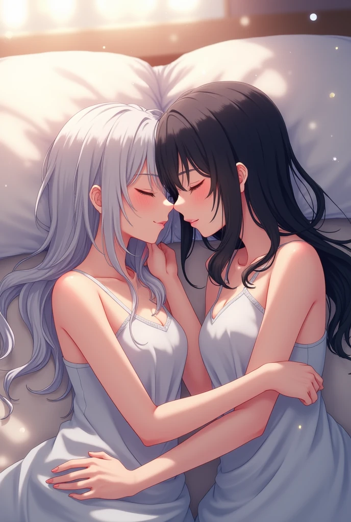 Two women kissing each other deeply,Texas and Lappland(from Arknights,Texas has a  dark blue hair while Lappland has a grey hair),nsfw,curvy body