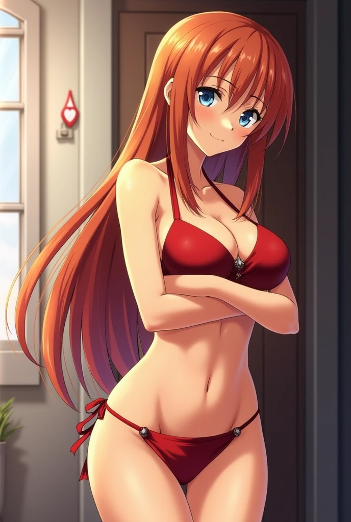 furry girl, adult((25years)), cat, red hair, knight bangs hairstyle, long ponytail, anime style, medium breasts, blue eyes, (((princess crown, red vest, open clothes, yellow bikini, purple mini skirt)), high quality, detailed body, detailed eyes, detailed face, masterpiece, glistening body, detailed body fur, best quality, two tone body, pink fur, clear pink fur, :3, ultra detail, good lighting, solo, blush, open mouth, cute, room, lusty expresion,