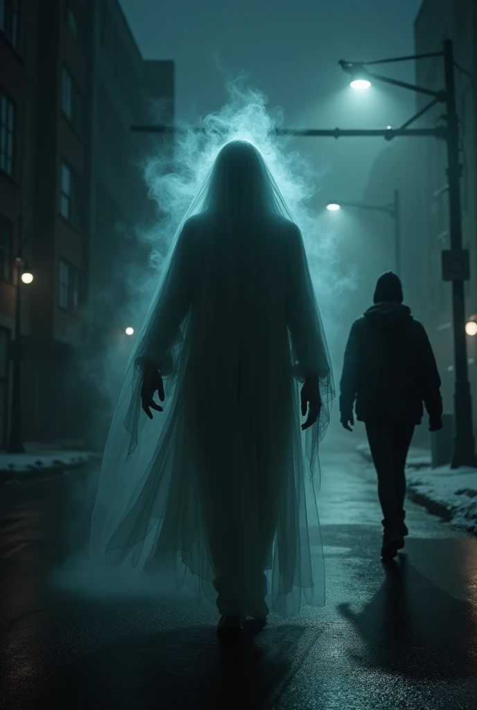 A creepy ghost standing next to a food delivery man on a motorcycle next to a building at night is creepy