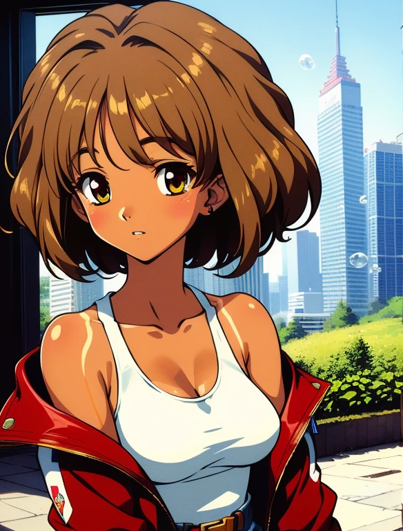 (best quality,4k,highres),ultra-detailed,realistic,portraits, mixed race Nicaraguan-Navajo woman, 24yo, short wavy hair, brown hair, (yellow colored irises:1.02), (tan-bronze skin:1.3), anime style,futuristic, Frutiger Aero aesthetic, eco- modernism, bokeh, medium breast, (She's wearing early 2000's fashion: opened red jacket, black tank-top, belt, jeans), colorful lighting, floating bubbles, standing in a green field with futuristic skyscrapers in the background, tertiary colors, highly detailed, 4K.
