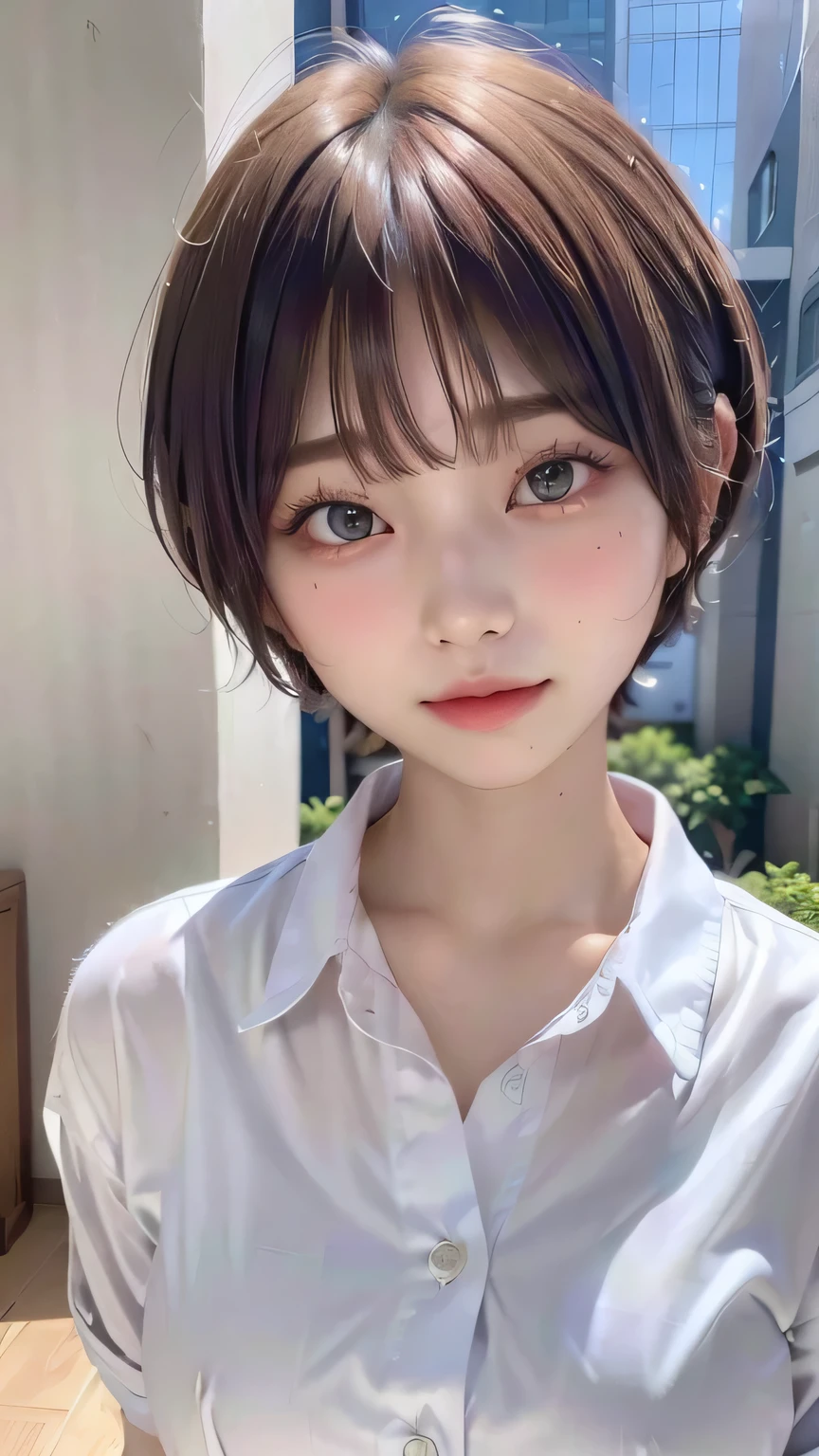 (Best Quality:1.3)、(Masterpiece:1.4)、Original photo、8k、((Best image quality))、 ((High resolution))、Beautiful face in every detail、Realistic human skin、Gentle expression、(Cute natural anime face)、(One Woman:1.3)、Realistic、Photorealistic、Short Hair、(Beautiful woman)、((Cool Japanese Girls))、(boyish:1.5)、mannish、((Beautiful woman))、(Beautiful Hair)、((Dark brown hair))、(Blushing:1.3)、(Fashion Model:1.3)、(Every woman admires her face:1.3)、((Her eyes are big))、20-year-old beauty、(Small face:1.3)、Small Head、((Long neck))、(High school girls)、uniform、(Japanese high school uniform)、(High school girlsのuniform)、((White button-up shirt))、(A shirt with a wide open chest)、Collared shirt、(necklace)、(The aspirations of young people)、(The center of attention in school:1.3 )、Everyone will love her、It looks like you can see her cleavage、Attractive lips、[[smile]]、(She has a great figure)