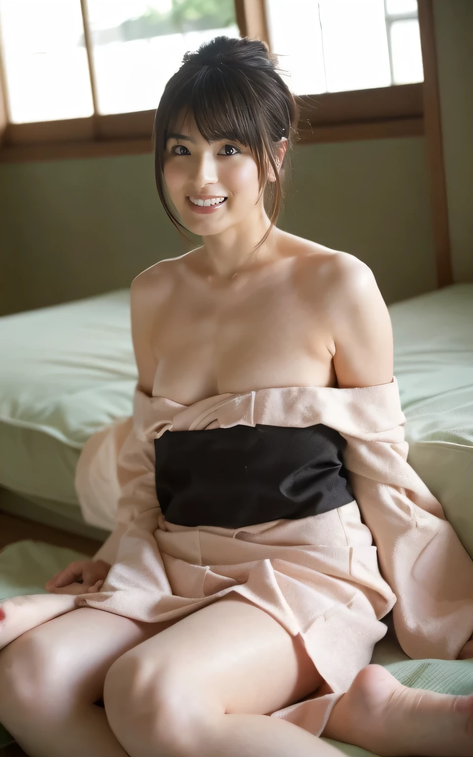 4086kbit，Attention to detail，The Truth About Skin and Skin Texture,

Age 25, 1 person, ((Beautiful female announcer, Bad lips, Naughty Bare Legs:1.2)),

((tight, A yukata with complex colors, The length is short and the thighs are visible:1.5)),

((Japanese-style room, Chest facing up, The yukata comes off, Please spread your legs a little:1.2)),

(From the feet to the whole body, Focus on beautiful thighs:1.5),
((Sexy vibe, Naughty Kiss, Poke out your lips, Gently open your lips and touch them with your fingers, Gazing at the audience)),

Eye focus, Narrow shoulders, Beautiful clavicle, Thin arms, Thin legs, The back of the hand is beautiful and feminine, Slim figure, Soft belly, tight waist, Highly detailed face, Ultra detailed breasts, Highly detailed skin, White skin, Shiny skin, Extremely detailed lips, Fuller lips, Thick and soft lips, Glossy pink lips, blush, White teeth, blue eyes, Beautiful actress makeup, Dark and cute makeup, Pink lipstick, Dark Brown Hair, Delicate and soft hair, (Put your hair up, Fluffy short bob:1.2), (Sweep your bangs to the side:1.2), (Stylish earrings,necklace:1.2),
