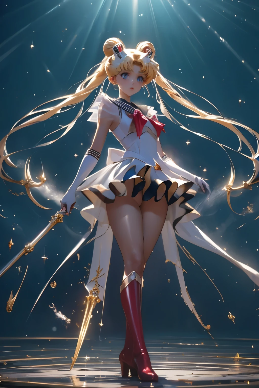 （（（Highest quality、masterpiece、Normal body、8k、Detailed face、Ultra-precision、Normal hand、Normal finger、５This finger、Highest）））、beautiful girl、Slender、Sailor Moon、Sailor Warriors、Leotard Sailor Suit、White high leg leotard、White, blue and yellow ilver ribbon on chest、Circlet、Yellow Hair、Long Hair、Twin tails、Bun Head、Tsukino Usagi、スーパーSailor Moon、Cornered、Exposed Skin（（Torn leotard、Torn leotard、Tattered Costume、Torn Skirt、Ripped chest））、Damaged clothes, full of scratches、heavy rain、soaked、Wet and see-through、Sheer leotard、During combat、Combat Ready、Battle pose、Carrying a walking stick、Holds a crescent-shaped stick、Unleash a special move、Hold your walking stick、Shoots a beam of light from a wand、Shoot the Light、Full body view