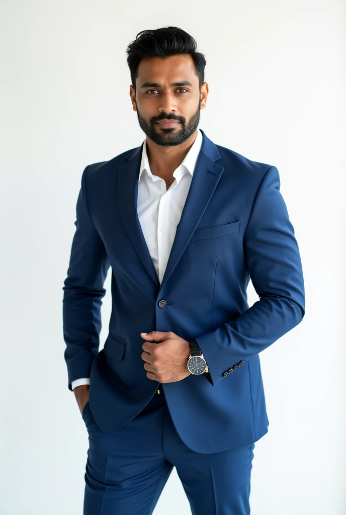 A handsome and sexy man wearing a casual white short and blue suit,and formal pant, , he has gorgeous face,and stylish black hair, and short beard, he is sitting in a cafe, homoerotic, nsfw ,open legs, alluring pose,(pussy)