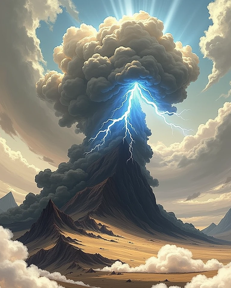 Huge fire snake with seven gruesome heads jumping clouds over a green landscape full of mountains with a sky marbled with thunder and lightning