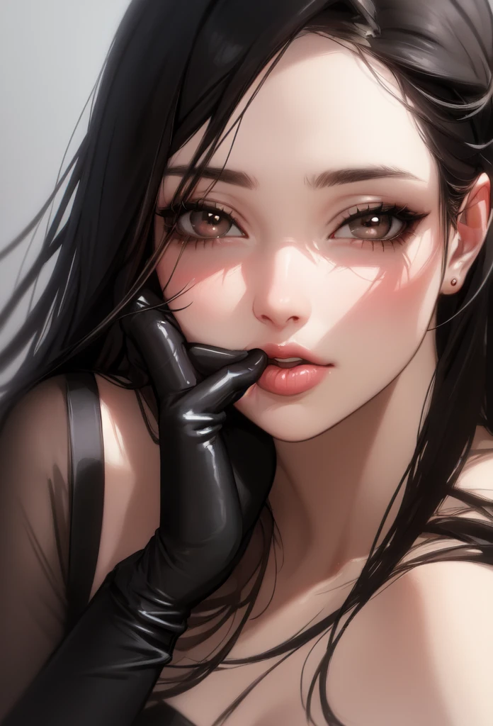 Super real, 8k, girl with black hair very short,, bust up, mouth wide open, tongue out, beautiful tongue, closing eyes, a large amount of saliva dripping, , beautiful teeth alignment, a large amount of white lng from the mouth, hands in the mouth, shot from above