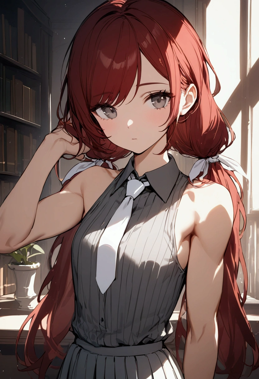 (masterpiece, best quality), 1girl, stoic, looking to the side, beautiful face,   Gray eyes, Dark red hair, swept bangs, low twin tails, white ribbons, sleeveless halter neck white collared shirt, dark blue necktie, dark blue skirt, small breasts, toned arms,