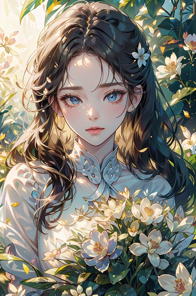 a young girl in a garden on a summer morning, dew on the grass, white dew solar term, beautiful detailed eyes, beautiful detailed lips, extremely detailed face and skin, long eyelashes, delicate floral dress, serene expression, idyllic landscape, warm golden lighting, highly detailed, 8k, masterpiece, photorealistic, cinematic composition, vibrant colors, natural lighting, lush foliage, delicate petals, dazzling highlights