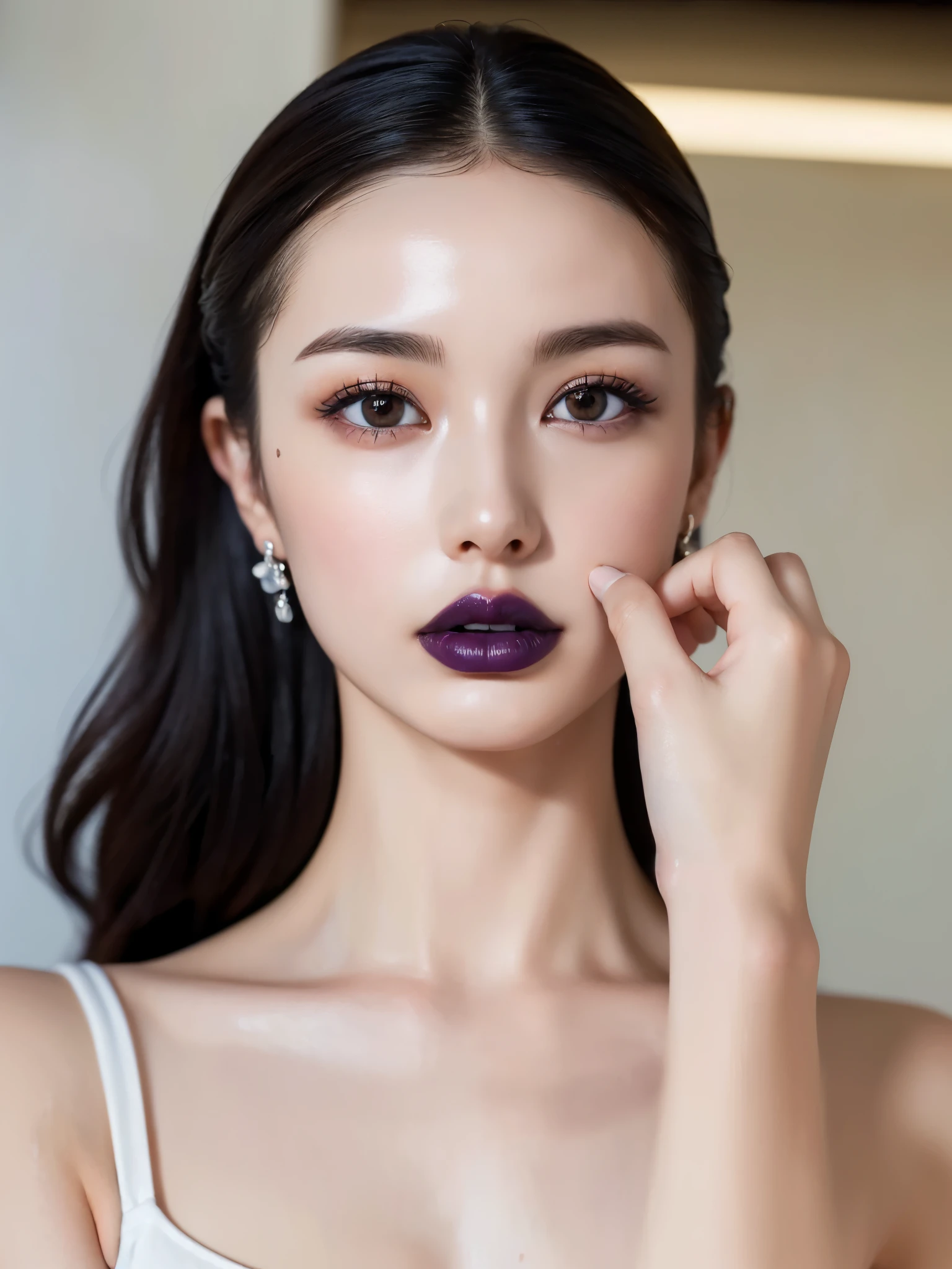 (UHigh resolution, retina, masterpiece, Accurate, Anatomically correct, Textured skin, Super Detail, Attention to detail, high quality, 最high quality, High resolution, 1080P, High resolution, 4K, 8k, 16k), (美しいAttention to detail目, Beautiful lip detail, Highly detailed eyes and face), Soft lighting, Physically Based Rendering, Vibrant colors,((((最high quality、masterpiece, 高精細CG8kイラスト, Graffiti art, Center Configuration, Highly detailed lights and shadows, wall, Highly detailed face and eyes,masterpiece, 最high quality, Alone, One girl, Glowing Skin, Earrings, Splendid, Whimsical details, Slicked back hair, Fascinating, Bare shoulders,Goth Fashion, Shallow depth of field, Contrasting, Professional Model, Facing forward, Portraiture , Left detailed pupil,Right symmetrical pupil,Detailed hands,Wavy Hair))), (Glowing Skin), (Wide-angle),(Alone), (Urzan-6500:0.33)、Outdoor、(((whole bodyショット,whole body,Gorgeous legs,whole body)))