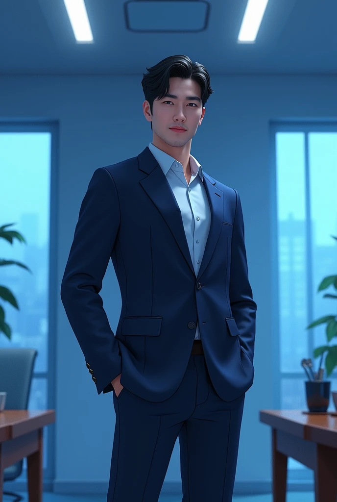high resolution:0.75, blue suit, walking in the rain,1 man, handsome, 25 years old slender body, with freckles on his face, with black hair