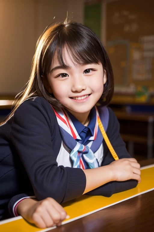 lens: 135mm f1.8, (highest quality),(RAW Photos), (Tabletop:1.1), (Beautiful Japanese girl), Cute Face, (Deeply chiseled face:0.7), (freckles:0.4), (Japanese School Uniform), (In the classroom), shy, (Close-up shot:1.2), (smile), (sunlight), Sailor suit, dark blue, Long sleeve, White ribbon