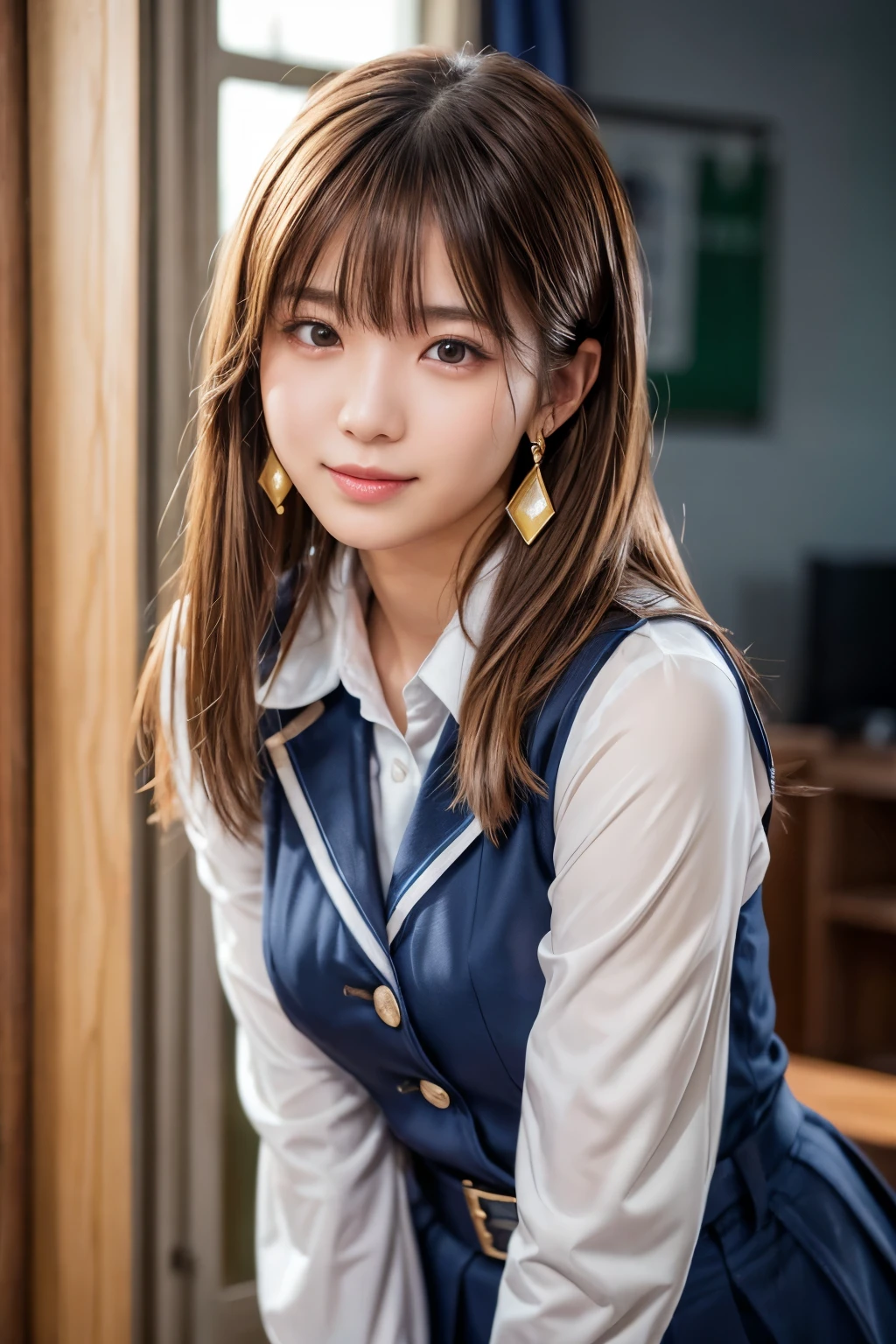 Full body portrait、Beauty、Well-formed face、20-year-old、Uniform eyes、Small face、, light brown hair, hair over shoulder, parted bangs, straight hair, expressive hair, shiny hair, earrings, seductive smile, Completely naked、Medium build、Small Bust, Surrealism, cinematic lighting, first-person view, pov, f/1.2, Nikon, depth of field, cowboy shot, tachi-e, UHD, textured skin, best quality, highres, 8k