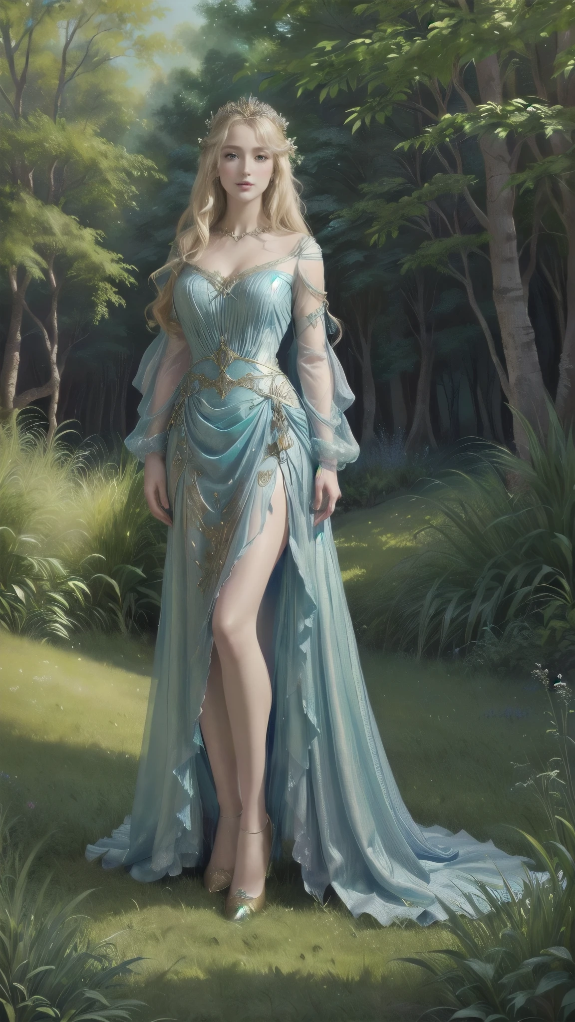 a painting of a woman in a blue dress standing in a garden, beautiful character painting, portrait painting of a princess, blonde - haired princess, beautiful maiden, princess portrait, inspired by Edmund Leighton, oil painting of princess vulvine, beautiful fantasy maiden, inspired by Cynthia Sheppard, lovely languid princess, alluring elf princess knight, portrait of a princess, (full body:1.8), (upper body up:0.3), (hyper realistic:1.4), (realistic:1.3), (best quality real texture skin), Detailed eyes, detailed face, PERSEPHONE, templária, com armadura de ouro , background a forest.