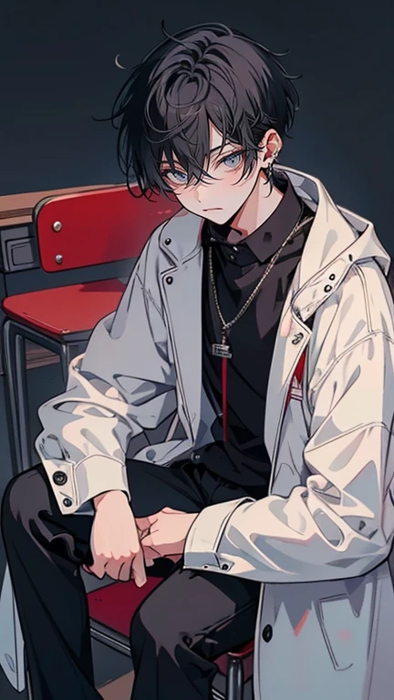 Best quality: 1.0), (super high resolution: 1.0), anime boy, short black hair, blue eyes, white coat, black pants, sleeping on a stool, background in classroom