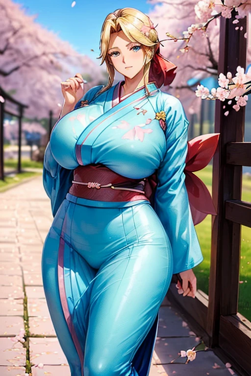 ((woman,(Huge breasts:1.8), very red lips,Huge breastsを強調,Big Ass,Narrow waist,Long legs,Standing,Greenish blue eyes)) 8K(((((Anime style face,(Anime style faceの描写しっかり) (1 girl:1.2), Alone, Hime Cut,Traditional Japanese Clothing, Gentle smile Japanese costume,kimono,European style costume,Tight fitting clothes,Clothes that fit tightly to the body,Clothes that show off your body lines, Clear body lines,Tight fitting clothes,Clothes that show off your bust,胸のラインがはっきりTight fitting clothes, Break,Break顔,Handsome,A dashing face,There are cherry blossoms,The wind is blowing