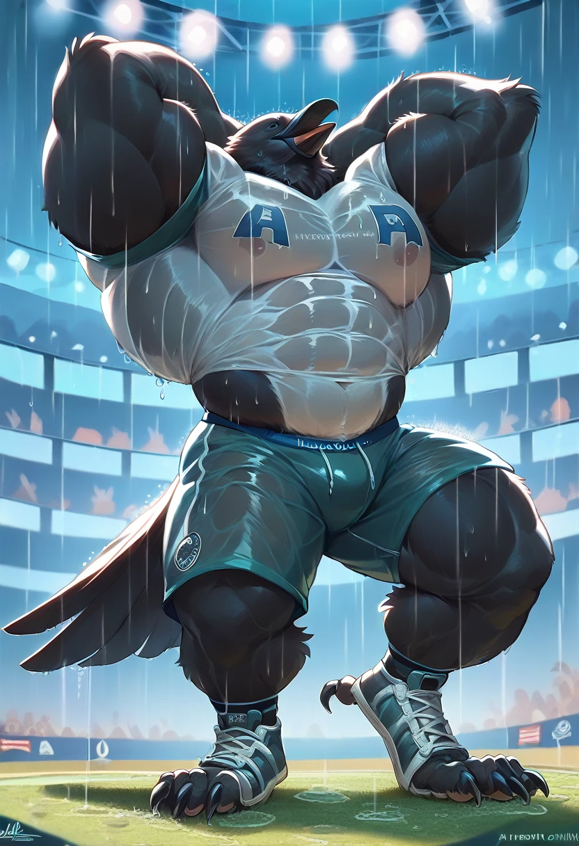 muscle crow, (((crow))), corvid, furry, ((thick, muscular, hypertrophy)), male, black feathers, claws, extremely broad shoulders, huge thick muscles, ((little definition)), ((massive pecs, huge back)), anatomically correct, ((outdoors, concert stadium, rain, soaked in rain, green beach shorts, white t-shirt)), hands behind head