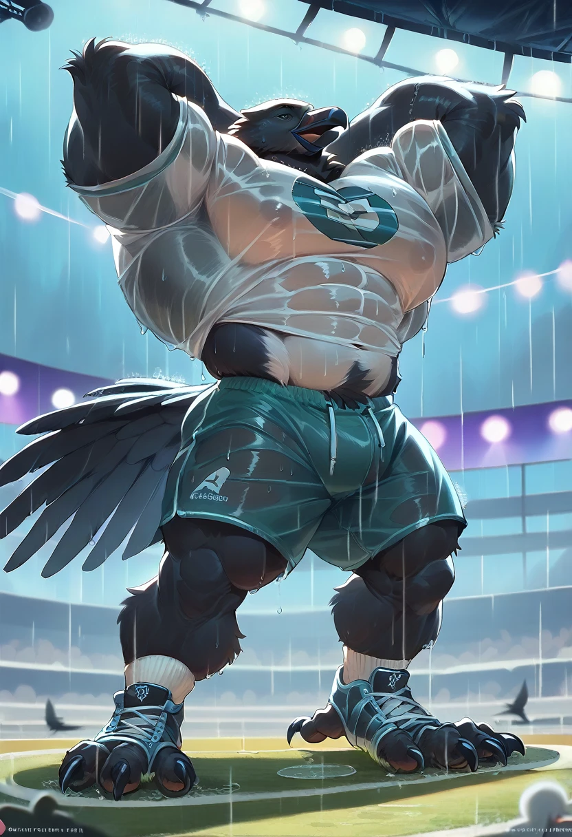 muscle crow, (((crow))), corvid, furry, ((thick, muscular, hypertrophy)), male, black feathers, claws, extremely broad shoulders, huge thick muscles, ((little definition)), ((massive pecs, huge back)), anatomically correct, ((outdoors, concert stadium, rain, soaked in rain, green beach shorts, white t-shirt)), hands behind head