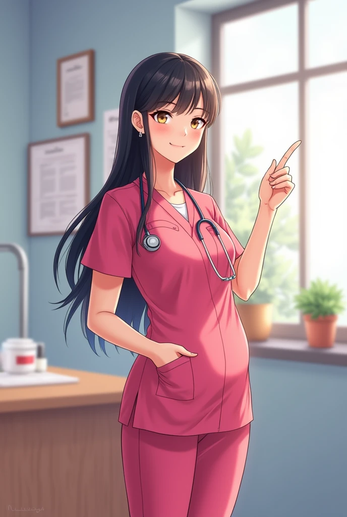 Animated drawing of female obstetrician in cherry uniform, long black hair, flat stomach