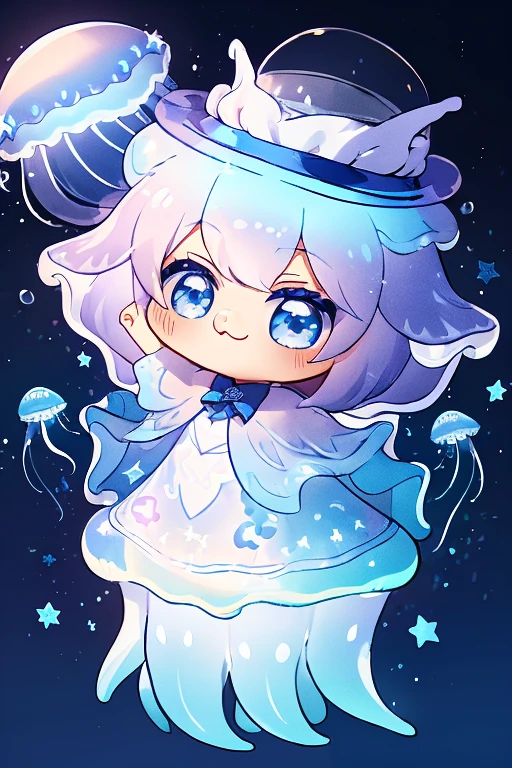 (((Jellyfish))), (Jellyfishのmagician), Chibi, light blue, magician, Gradient cloak, Star and wave patterned top hat, A transparent body, Showing off some gorgeous magic tricks
