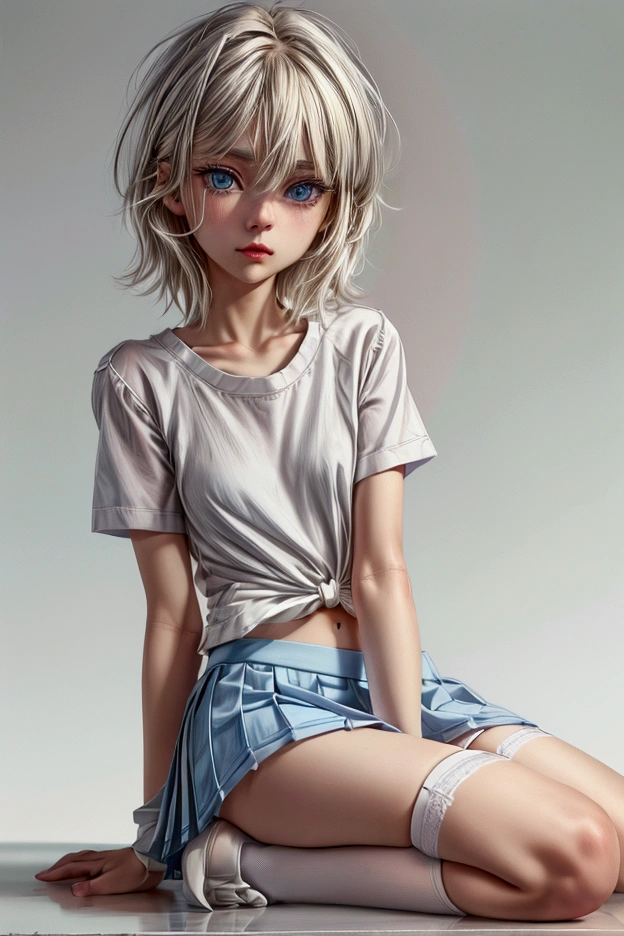 Anime style, Highres, Masterpiece, Best quality at best, Best Quality, hight quality, hight detailed, young blonde girl, perfect  body, cute, detailed light blue eyes, detailed eyes, short hair, messy hair, pastel rainbow inner hair color mesh, Neutral Facial Features, crouching down, front view, wears white sailor suit, boy chest, pink tie, Blue sailor skirt, mini skirt, without breasts, beautiful long legs, white stockings over knee, perfect black school shoes, perfect body, classroom at school, highest quality, panties