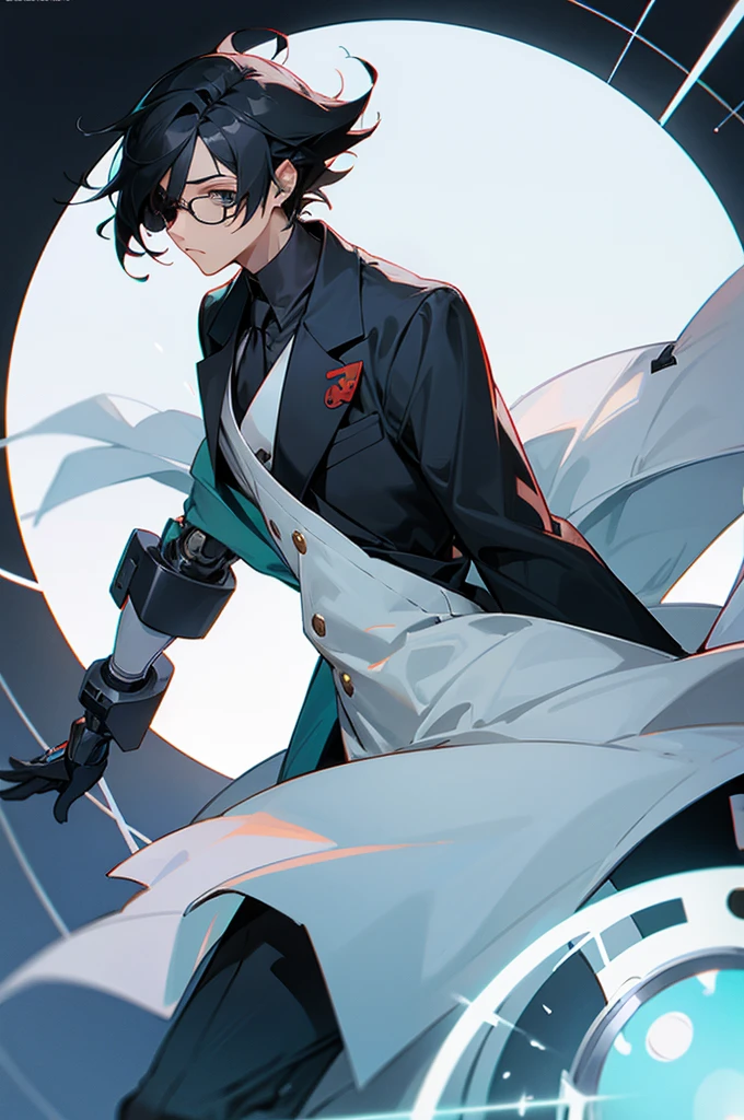 male, black hair, labcoat, glasses, Scientist background, robo eyepatch