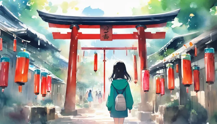 in the grounds of kawagoe hikawa shrine、a black-haired girl with blue headphones and a green hoodie is walking。in the surroundin...