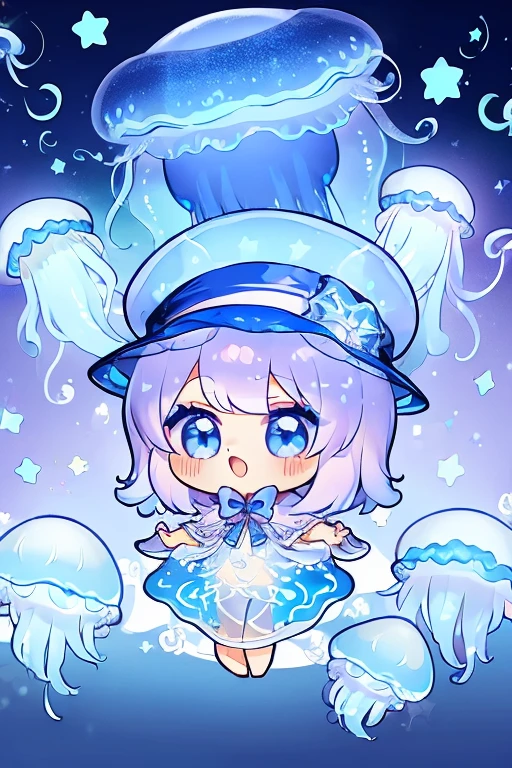 (((Jellyfish))), (Jellyfishのmagician), Chibi, light blue, magician, Gradient cloak, Star and wave patterned top hat, A transparent body, Showing off some gorgeous magic tricks、Magic Stick
