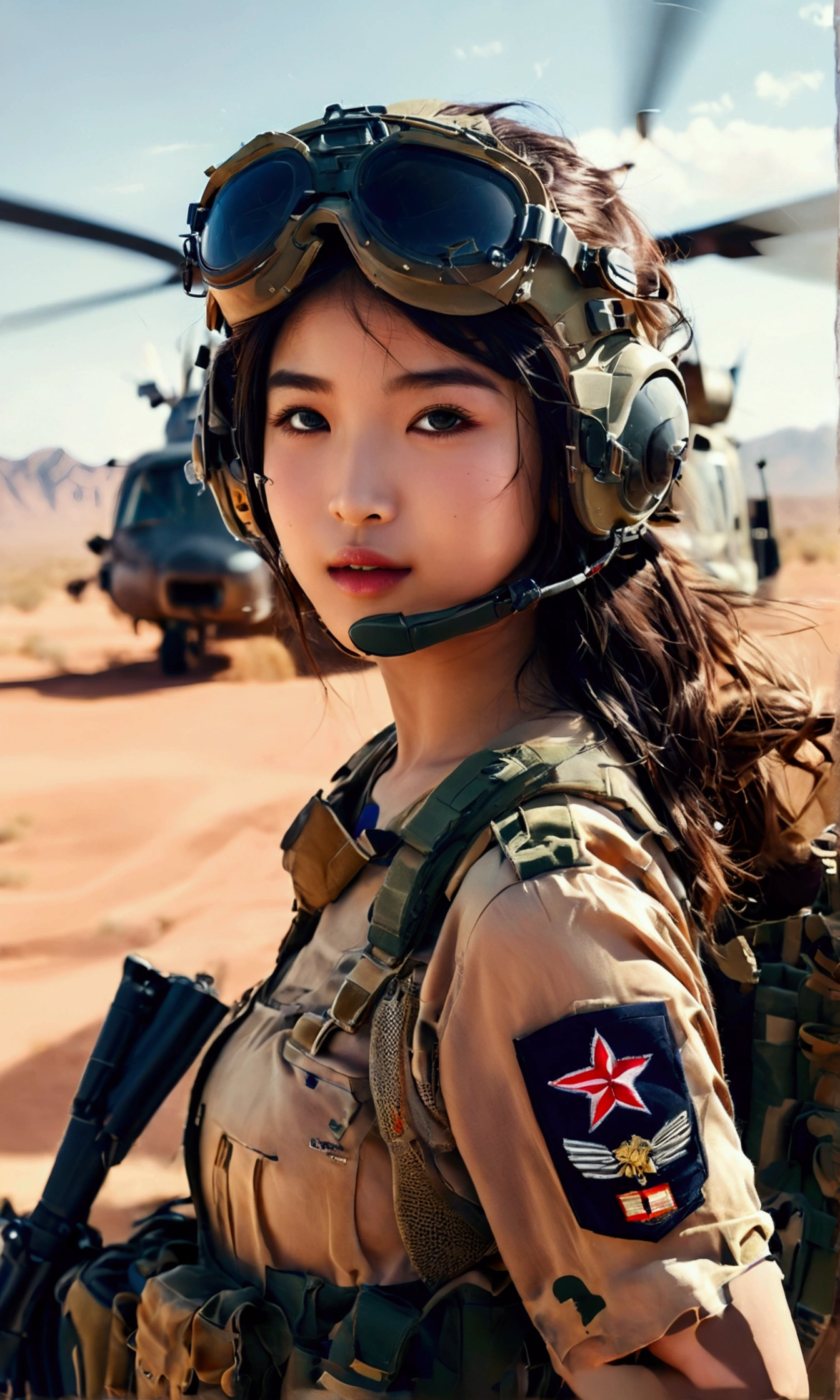 best quality,high resolution，High-resolution details， Extremely detailed:1.37), Aliana, 1, A beautiful Korean girl, Smiling gently at the camera，Wearing the uniform with pride, （full-body shot）Representing her role as a soldier. She&#39;s wearing a sexy military uniform. high resolution image capture ultra-fine realistic feel, highlighting Aliana's determined expression, Sharp eyes, and a confident attitude. Military helicopter in the desert in the background, Adds authenticity and meaning to the image. This visually striking representation showcases Aliana's strength and dedication as a soldier.