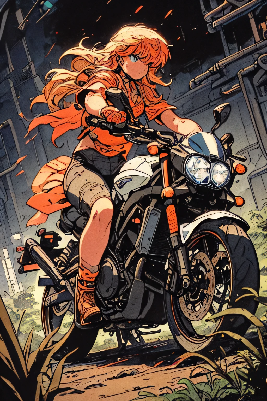 Masterpiece, professional, award-winning, intricate details, ultra high detailed, 64k, volumetric light, dynamic lighting, Movie Aesthetic, action shot, style by Travis Charest and Phil Noto (colored). THe raider is riding a orange Yamaha YZF-R7 Supersport Motocycle, superb detail, It must not be commonplace, Must have a very complex structure, Must have a very high degree of randomness, Must be an image that no one has ever seen before, It has to be very original, Must have tremendous detail, It has to be of the highest artistic quality, It has to be the ultimate, Failure is not an option.