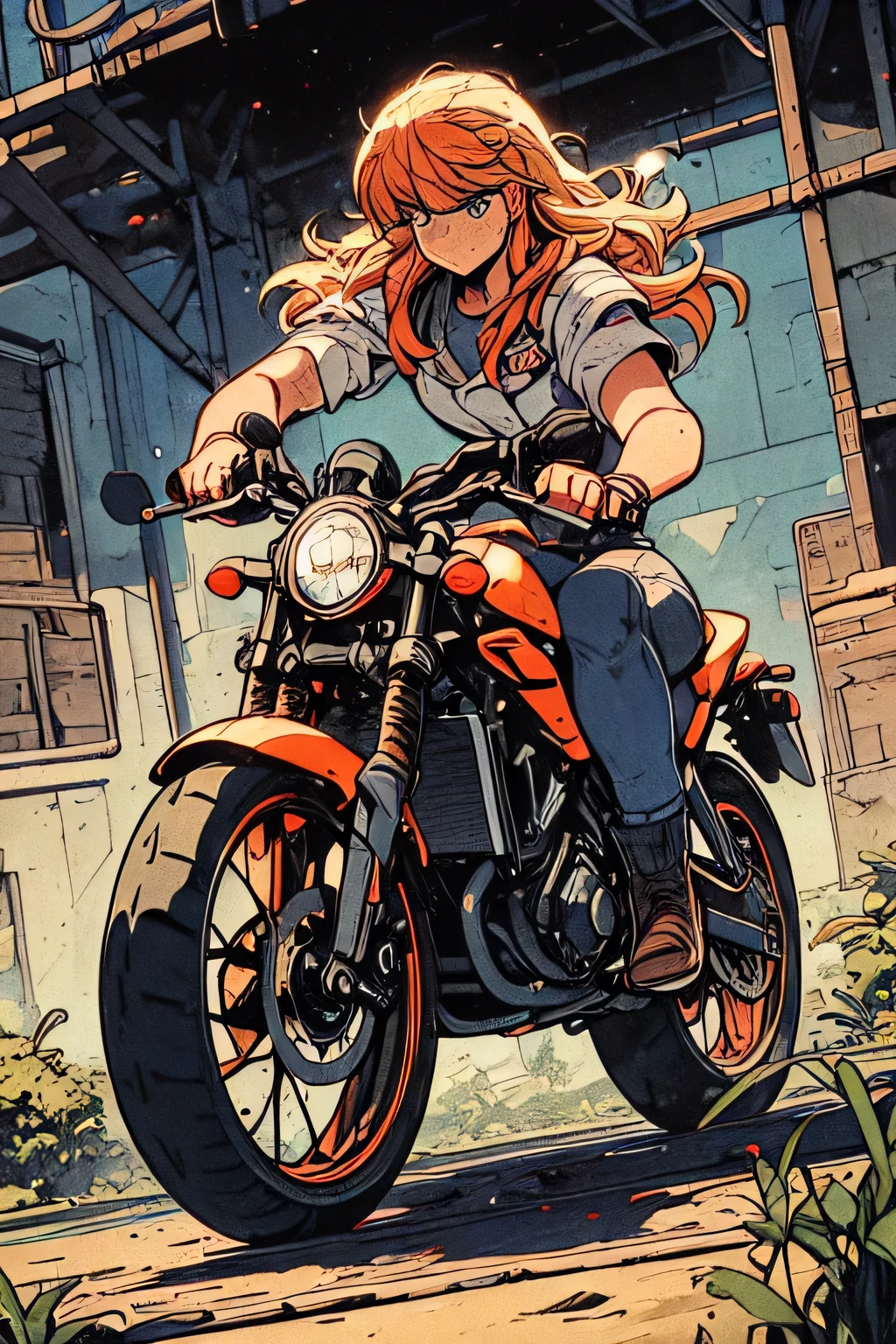 Masterpiece, professional, award-winning, intricate details, ultra high detailed, 64k, volumetric light, dynamic lighting, Movie Aesthetic, action shot, style by Travis Charest and Phil Noto (colored). THe raider is riding a orange Yamaha YZF-R7 Supersport Motocycle, superb detail, It must not be commonplace, Must have a very complex structure, Must have a very high degree of randomness, Must be an image that no one has ever seen before, It has to be very original, Must have tremendous detail, It has to be of the highest artistic quality, It has to be the ultimate, Failure is not an option.