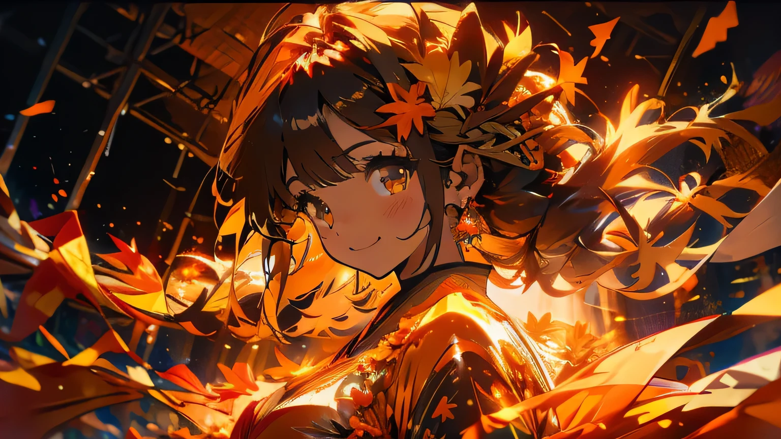 autumn leaves、orange、yellow、Cosmos、Japanese silver grass、Smiling woman