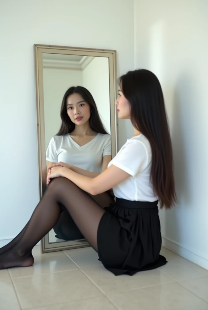 (Ultra Real), (Illustration), (High Resolution), (8K), (Very Detailed), (Best Illustration), (Beautiful Detailed Eyes), (Best Quality), (Ultra Detailed), (Masterpiece), (Wallpaper), (Detailed Face), Solo, (Dynamic Pose), Hosomi Shiina, One Woman, Squatting Over Mirror, Asian Woman, (Natural Hair)))), Medium Bust,No Panties in Mini Skirt