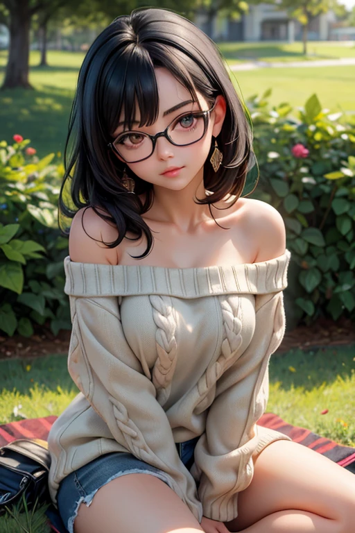 (squat)、wear glasses、Realistic Face、Sweaty、(8--old)ack long wavy hair、Tomboy.Emphasis on breast valley、(Wearing a red off-shoulder summer sweater)、Sexy posing、Embarrassed expression、Moisturizing pink lips