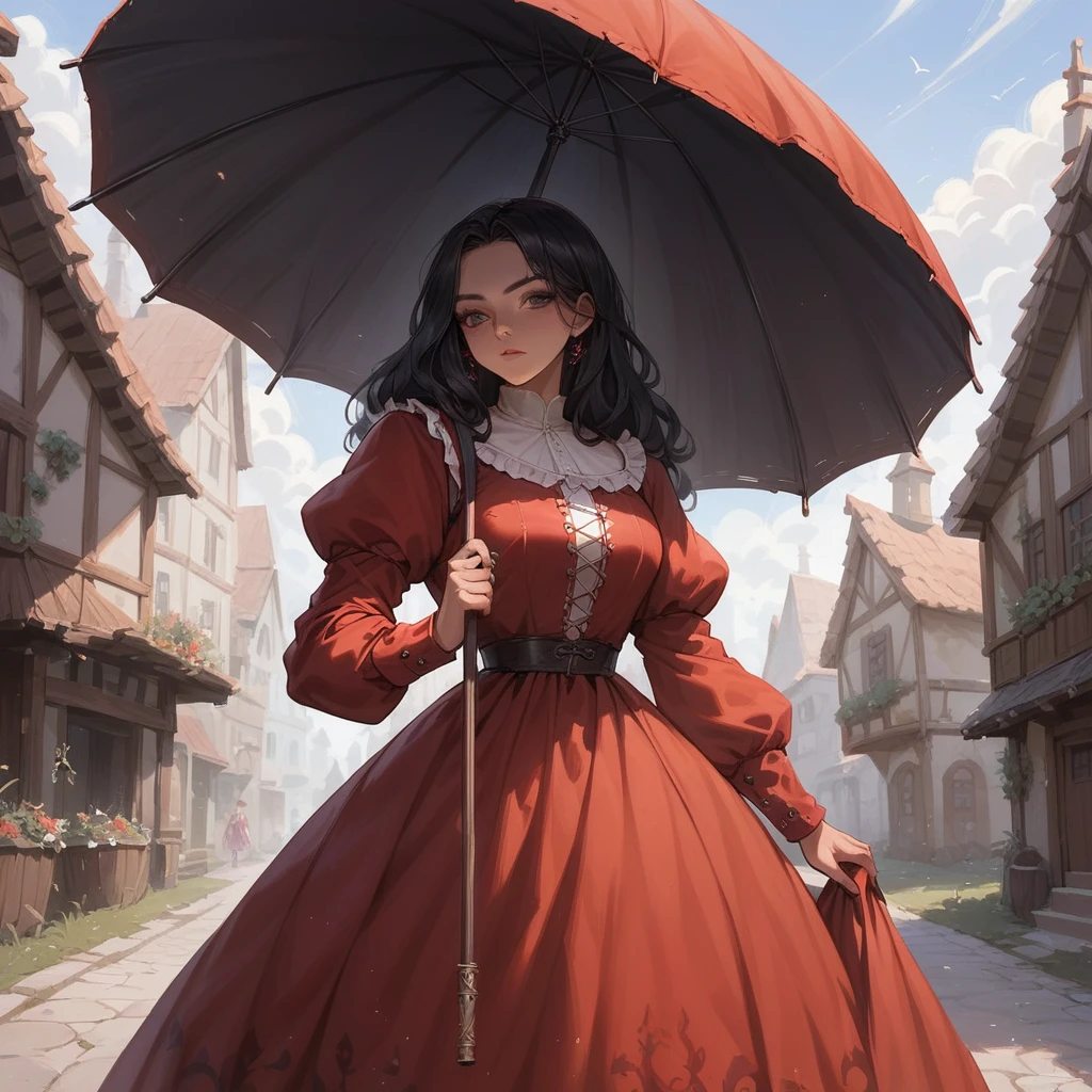 black haired woman, wearing a long red medieval dress with puffy detail on the shoulders, red dress with neckline and long sleeves, with dark red details on the dress, wearing black pantyhose, black nail color, holding a black umbrella as a cane, anime art