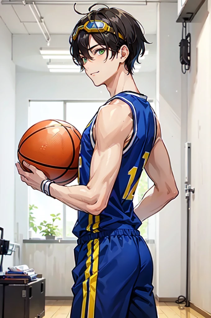 wearing basket_uniform, inside basketball field, back view, side view, basketball, straight-on, dribbling \(basketball\), 1boy, muscular male, blue clothes, number 10, (1boy:1.2),  (straight-on, facing viewer:1.3),, ultra detailed, masterpiece, best quality, aesthetic, detailed,, ultra detailed, masterpiece, best quality, solo, smile, 1boy, green eyes, short hair, black hair, bangs, hair between eyes, messy hair, (goggles on head:1.2),