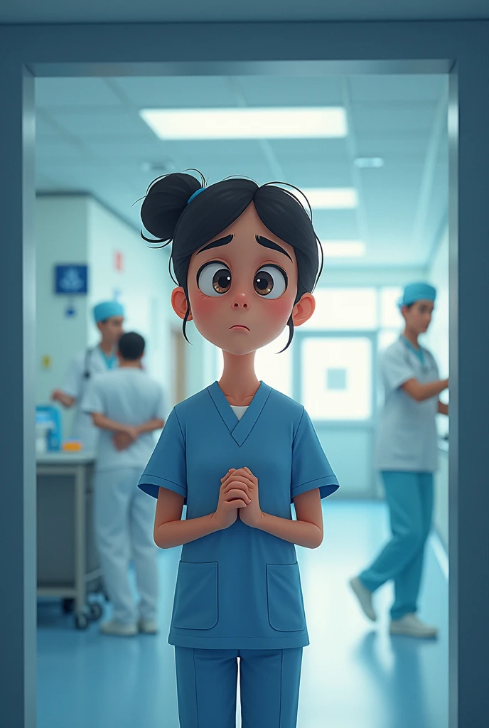 A sad young woman on a wheelchair at hospital, pixar style, cinematic, masterpiece, high-aesthetic