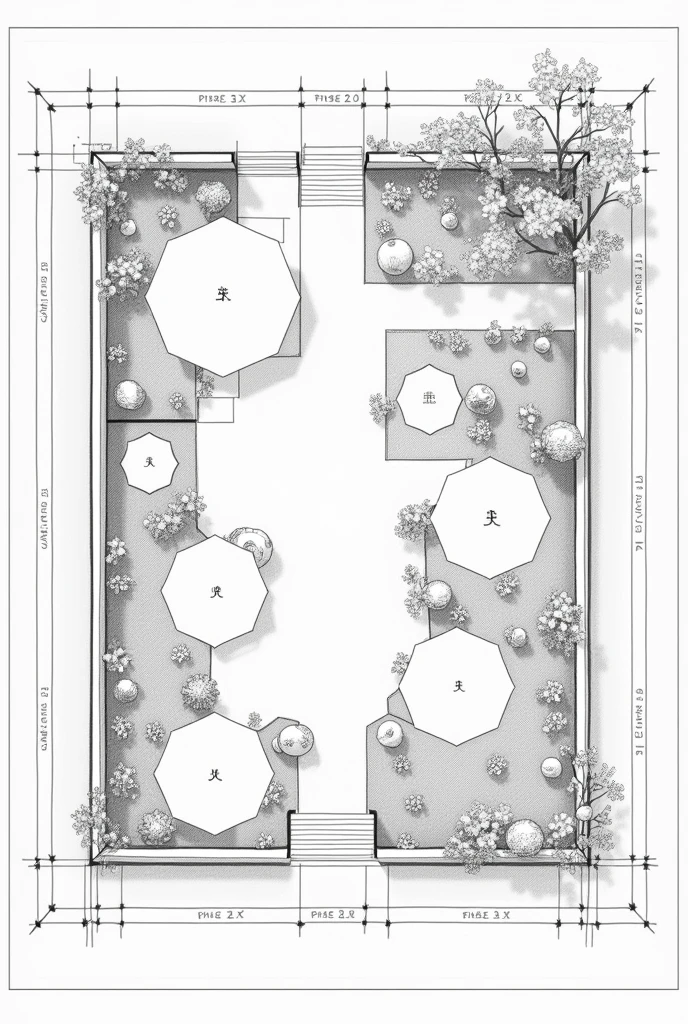 create me a blueprint sketch of a rectangular land of a community garden with 5 polygons