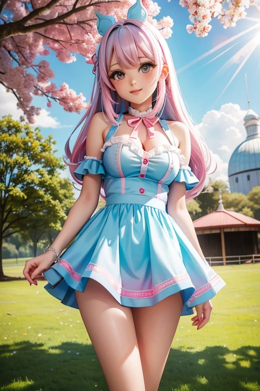 Princess Zelda, wearing white clown costume with colored polka dots, extremely sensual, tight on the body, clown makeup on the face, exaggeratedly large breasts, very sensual body, looking at the viewer, smiling, doing sensual pose, very short pink mohawk hair, sparkling green eyes, amusement park, is daytime, crowded, full, multiple people with different ethnicities in the park, toys, (((full body))), 16k, UHD, Better quality, better resolution, better detail