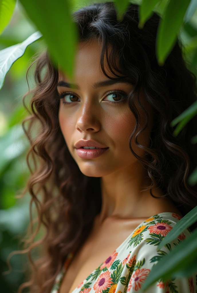 A Brazilian woman in a lush tropical garden, wearing an open shirt with a floral print, with a close-up capturing the harmonious beauty between her breasts and the natural flowers, showing off your natural charm and outgoing personality.