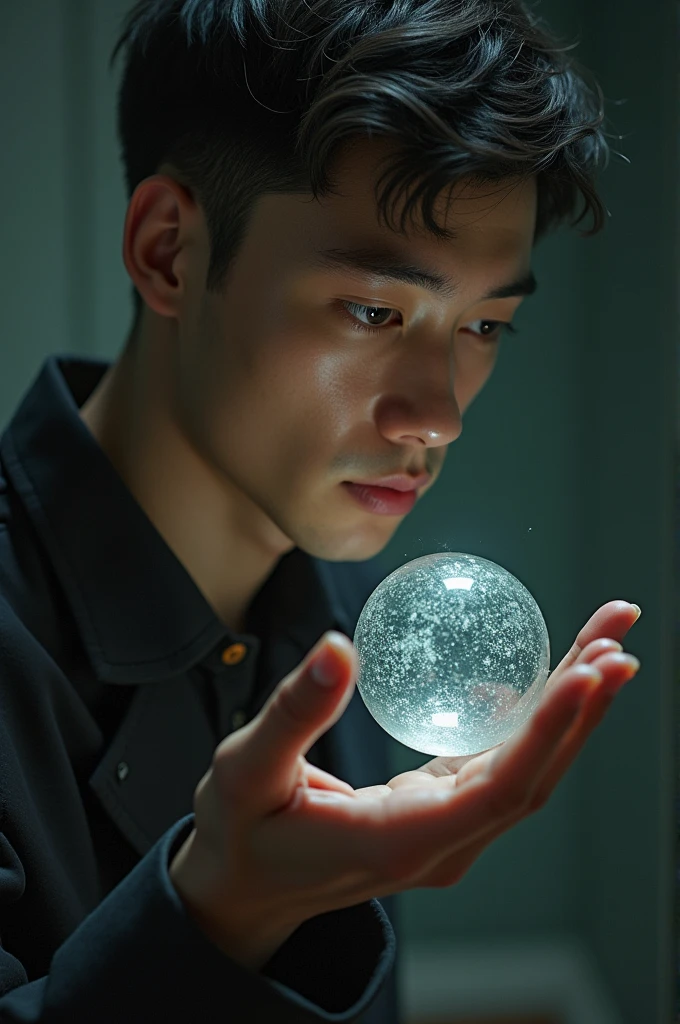 30-year-old middle-aged Asian man,long, whitish hair,Cabelos enrolados,barba longa,Close-up of holding a small glowing crystal ball in her hand,staring directly at camera,Medite de pernas cruzadas, no centro,clear facial features,cores muito brilhantes, light particles, com luz brilhante, Arte do papel de parede, Papel de parede UHD