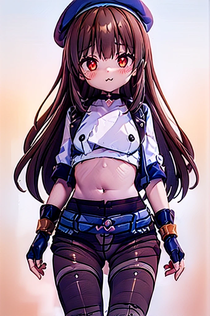 highest quality, extremely detailed, muste piece, 
(1 baby girl(full body figure):1.4), (small curvaceous loli(10 talents):1.3), (front facing pose), [belly fat:1.4], [muscular:1.4], (smirk1.1), (show teeth), 
(brown pantyhose(pantyhose up to navel):1.6), (Deep-rise folded denim shorts:1.3), (Beautiful folded shorts:1.3), 
(high neck innerwear(tight):1.6), (high neck innerwear(expose one&#39;s stomach:1.5)), (high neck innerwear(パンストand離れた:1.6)), 
(short sleeve jacketを着る:1.3), (short sleeve jacket(roll up sleeves):1.4), (mid blue long hair:1.5), (red eyes(Twinkling Eyes):1.3), (Slender stomach:1.4), cute legs, (puffy nipple:1.4), (small tits:1.4), 
(Long brown gloves that reach above the elbow:1.5)and(thimble rider gloves:1.2), (Simple belt-shaped black choker:1.3), (blue beret), 
(Cool boots that reach up to the calf:1.3),Serra, 