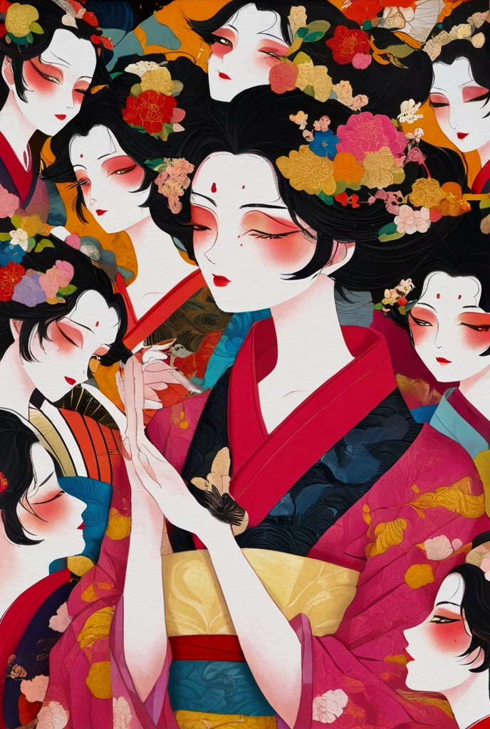 collage painting, many geishas, dramatic, sexy, romanticism, neo-classical, experimentalism 