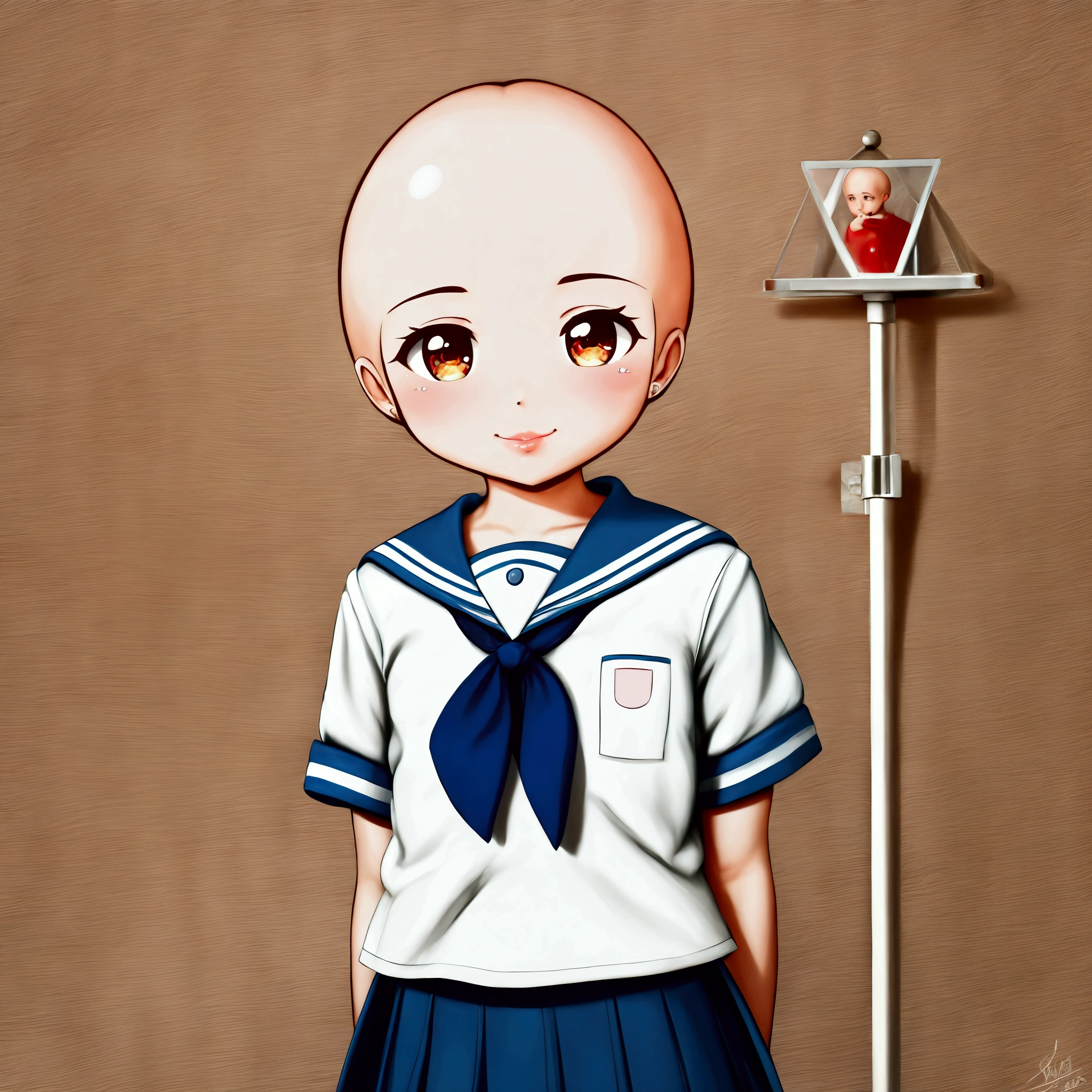 a smiling bald girl, head on, a girl in school uniform, rei ayanami, chibi anime style ayanami rei girl, cute!! chibi!!! kawaii, detailed digital cute art, beautiful detailed eyes, beautiful detailed lips, extremely detailed eyes and face, long eyelashes, (best quality,4k,8k,highres,masterpiece:1.2),ultra-detailed,(realistic,photorealistic,photo-realistic:1.37),HDR,UHD,studio lighting,ultra-fine painting,sharp focus,physically-based rendering,extreme detail description,professional,vivid colors,bokeh,anime,digital art,cute,kawaii,portrait