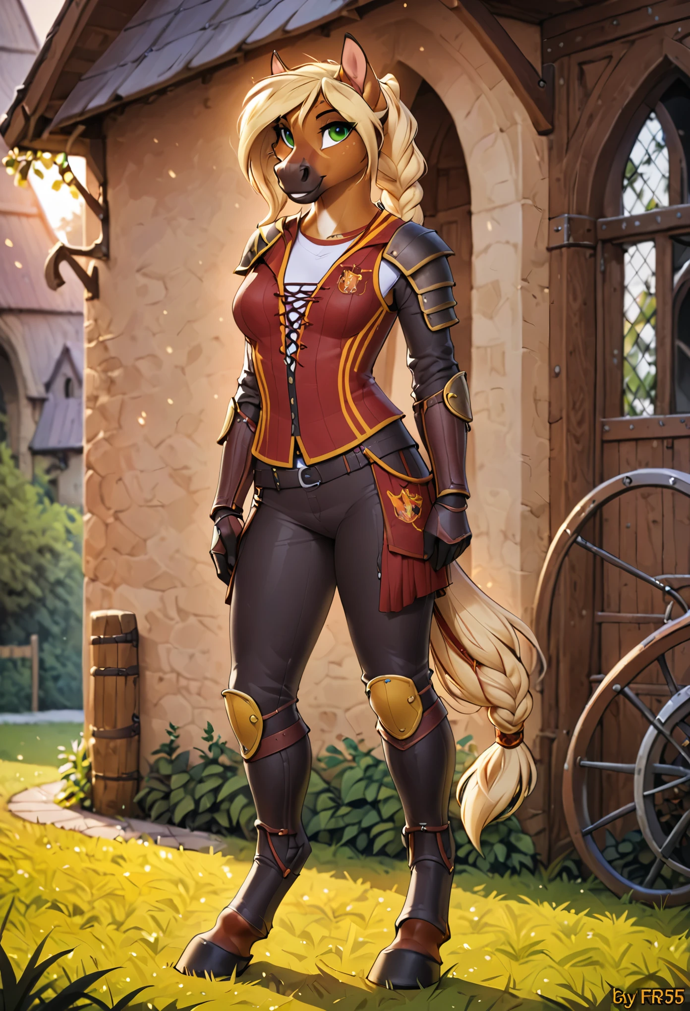 in the style of f-r95, in the style of zaush, in the style of binxxy, solo, (anthro), female, horse, blond hair, blond tail, braided ponytail, braided tail, bay horse, dun horse, brown fur, brown belly, (dark brown lower legs), digitigrade legs, hooves, white blaze on nose, green eyes, evening lighting, standing, posing for a picture, smiling at viewer, hogsks. hogwarts uniform, gryffindor quidditch uniform, elbow protections, armor, red riding leathers, riding pants