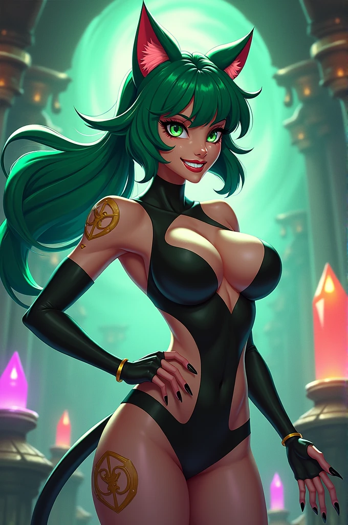 1girl, beautiful ogre girl, Anitta, long green hair, glowing green skin, horns, sharp teeth, sexy expression, provocative pose, intricate fantasy outfit, detailed facial features, dramatic lighting, dark magical environment, moody colors, cinematic composition, photorealistic, 8k, highest quality