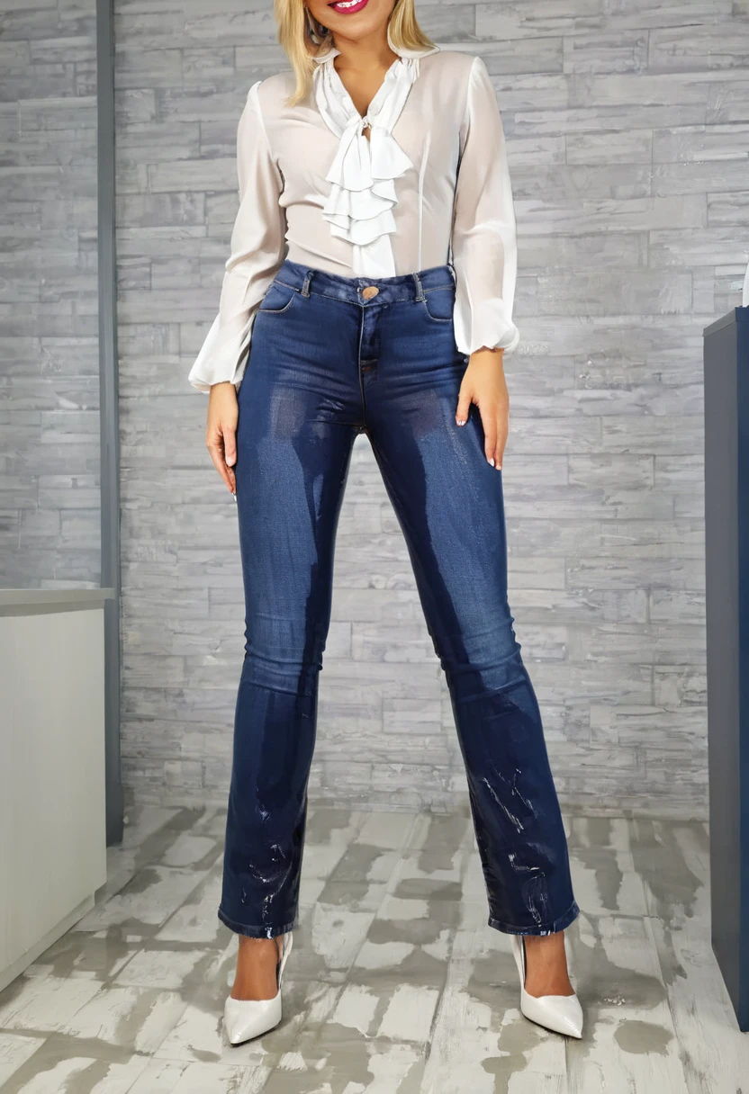 attractive blonde woman wearing flared leg jeans, high heel pumps, white blouse, standing in an office, wetting, big smile, pee stains are gleaming wet